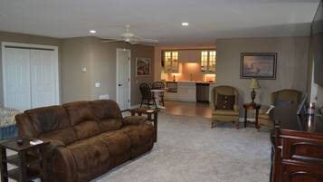 Smart TV, fireplace, DVD player, books