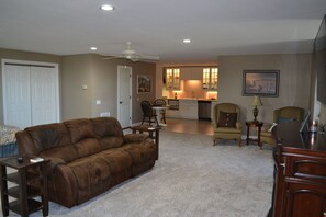 Smart TV, fireplace, DVD player, books