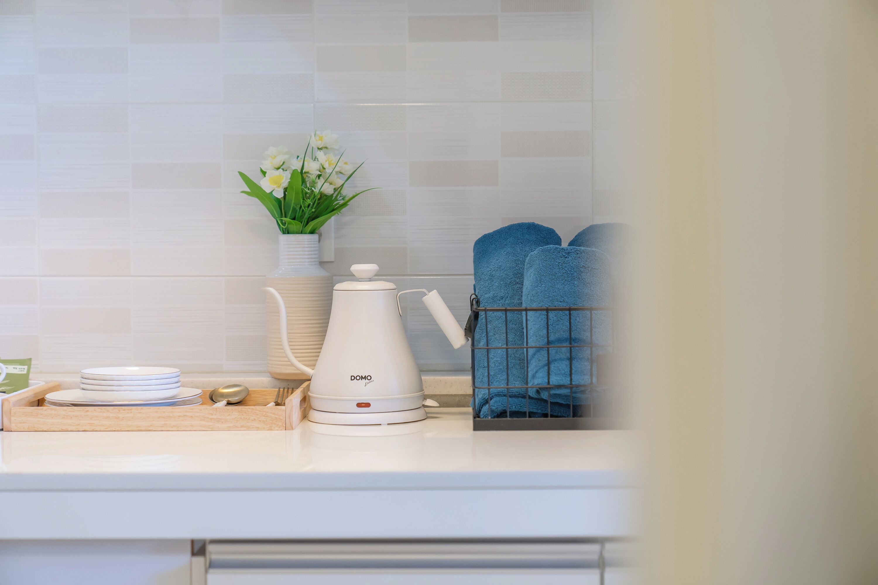 A kitchen counter with a white coffee maker, a small plant, and a towel rack.