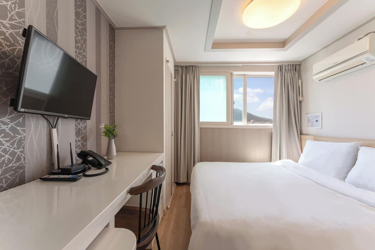 Habitación de hotel con cama, escritorio, televisor de pantalla plana, teléfono y una pequeña planta.