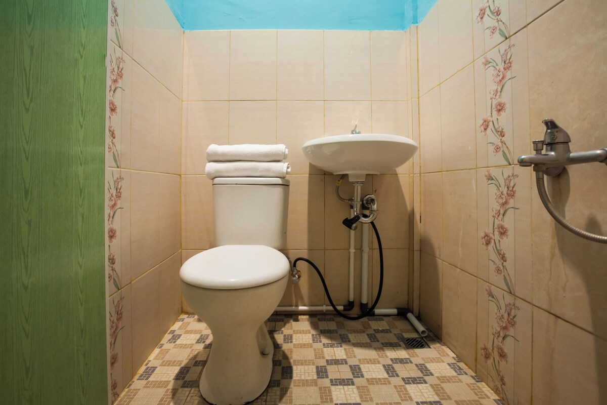 Un baño con inodoro, lavamanos y ducha.