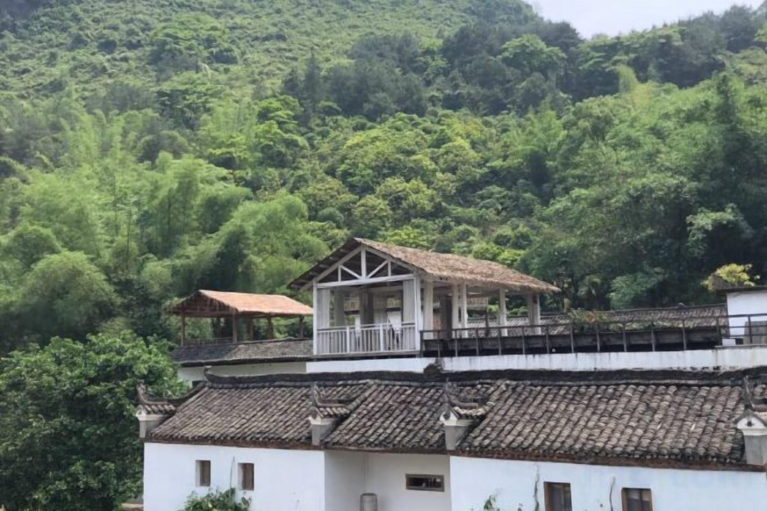 Um edifício tradicional com varanda, rodeado por vegetação exuberante.