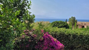 Un patio con una mesa y sillas, rodeado de exuberante vegetación y vistas al mar.