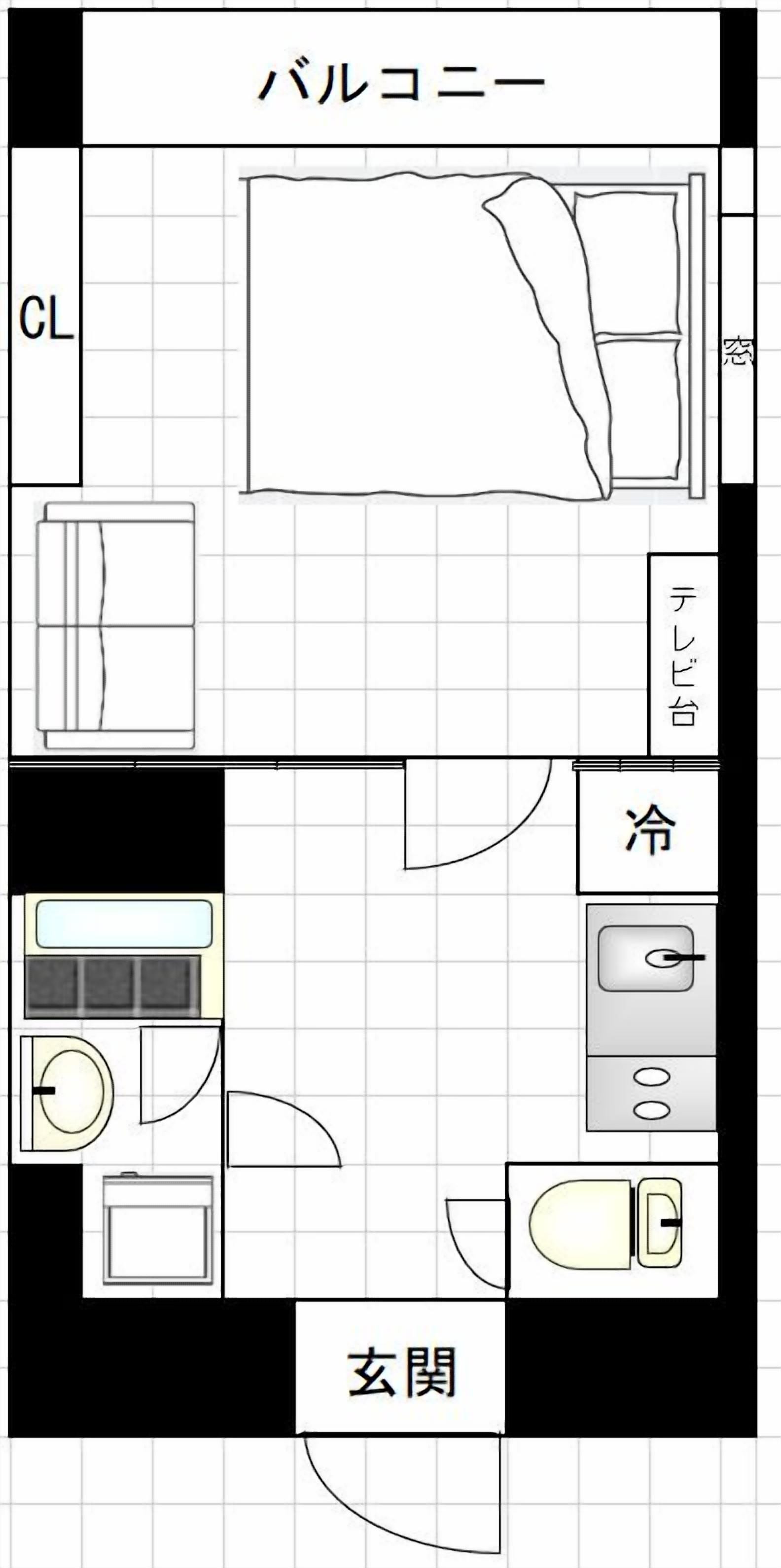 A hotel room layout with a bed, a TV, a bathroom, and a kitchenette.