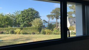 Vista desde una ventana de una habitación con un amplio ventanal que da a un jardín con diversas plantas y árboles.
