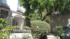 A courtyard with a well-maintained hedge, a small rose bush, and a metal railing. - Apartments 2 bedrooms in garden floor in the heart THE MARAIS (Paris)