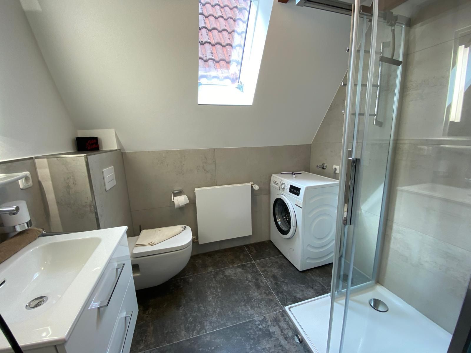 Et moderne badeværelse med bruser, toilet, vaskemaskine og håndvask.