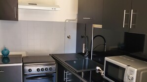 Eine moderne Küche mit Einbauofen, Mikrowelle und Spüle.