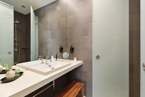 Shower, hair dryer, towels