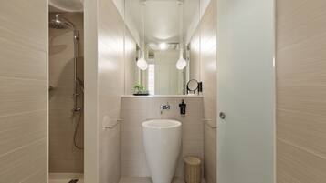 Regadera, secadora de cabello, toallas