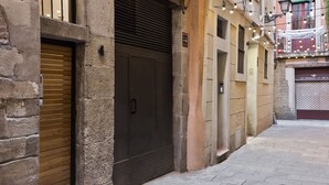 A narrow alleyway with stone walls and metal shutters, leading to a gated entrance. - Cozy and elegant studio in the city center (Barcelona)