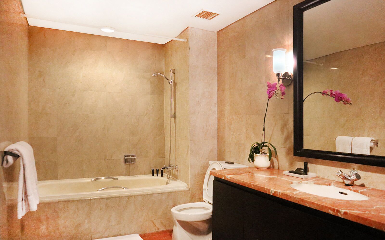 Un baño con bañera, lavamanos, espejo y una orquídea en maceta.