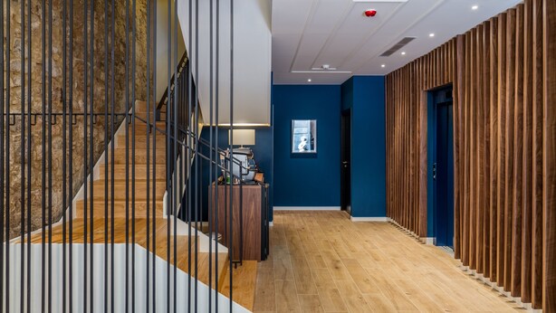 Un interior moderno con una escalera de madera, una pared azul y un revestimiento de madera.
