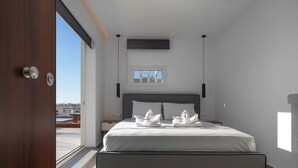 Een moderne slaapkamer met een groot bed, een raam met uitzicht en een klein dakvenster.