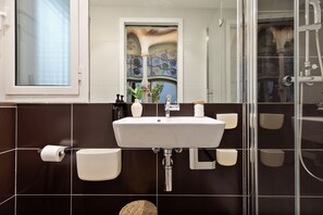 Shower, hair dryer, towels