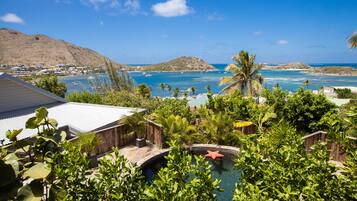 Uma piscina rodeada por vegetação exuberante, com vista para uma área costeira com barcos e colinas.