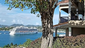 Un gran crucero atracado en un puerto, con un árbol y un edificio con balcón al frente.