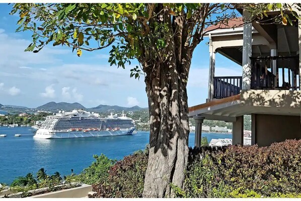 A large cruise ship docked at a port with a tree and a building with a balcony in the foreground.