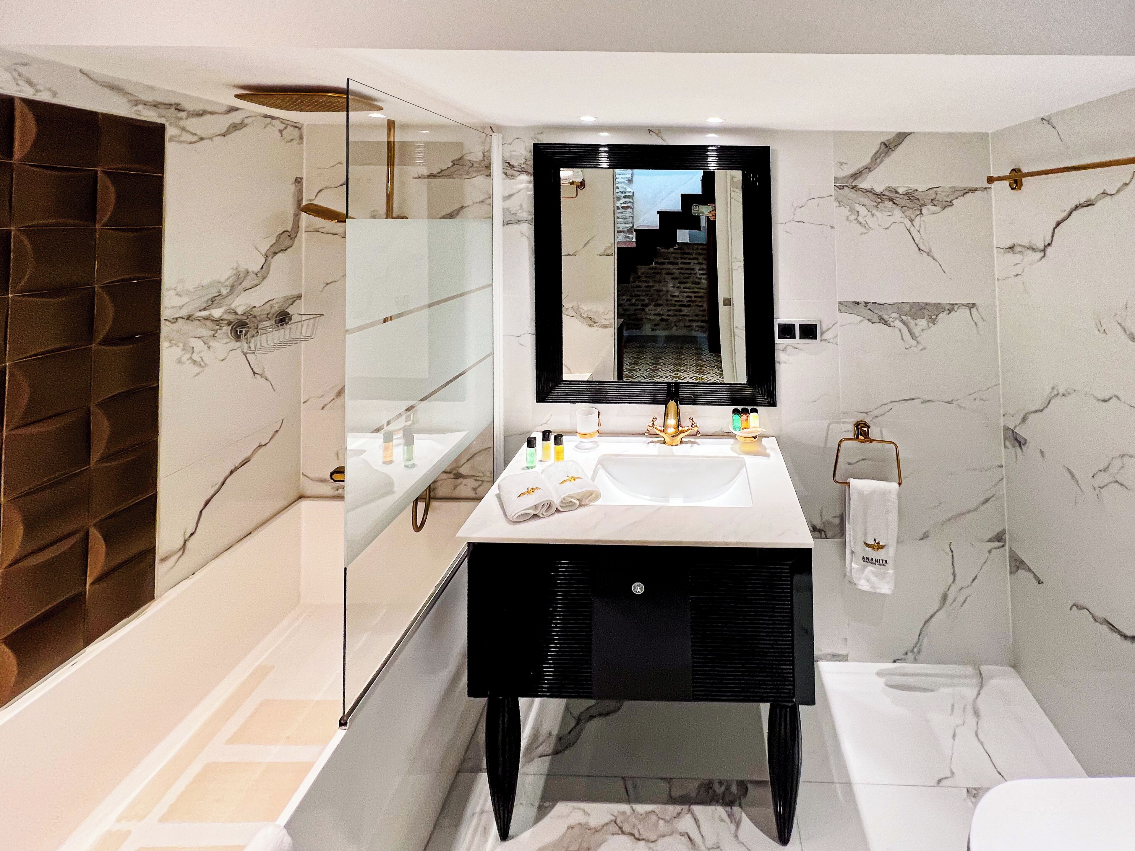 deluxe room (duplex) | bathroom | separate bathtub and shower, jetted bath, rainfall showerhead