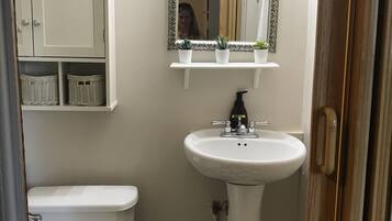 Une salle de bain comprenant des toilettes, un lavabo sur colonne, un miroir et une étagère avec des plantes en pot.