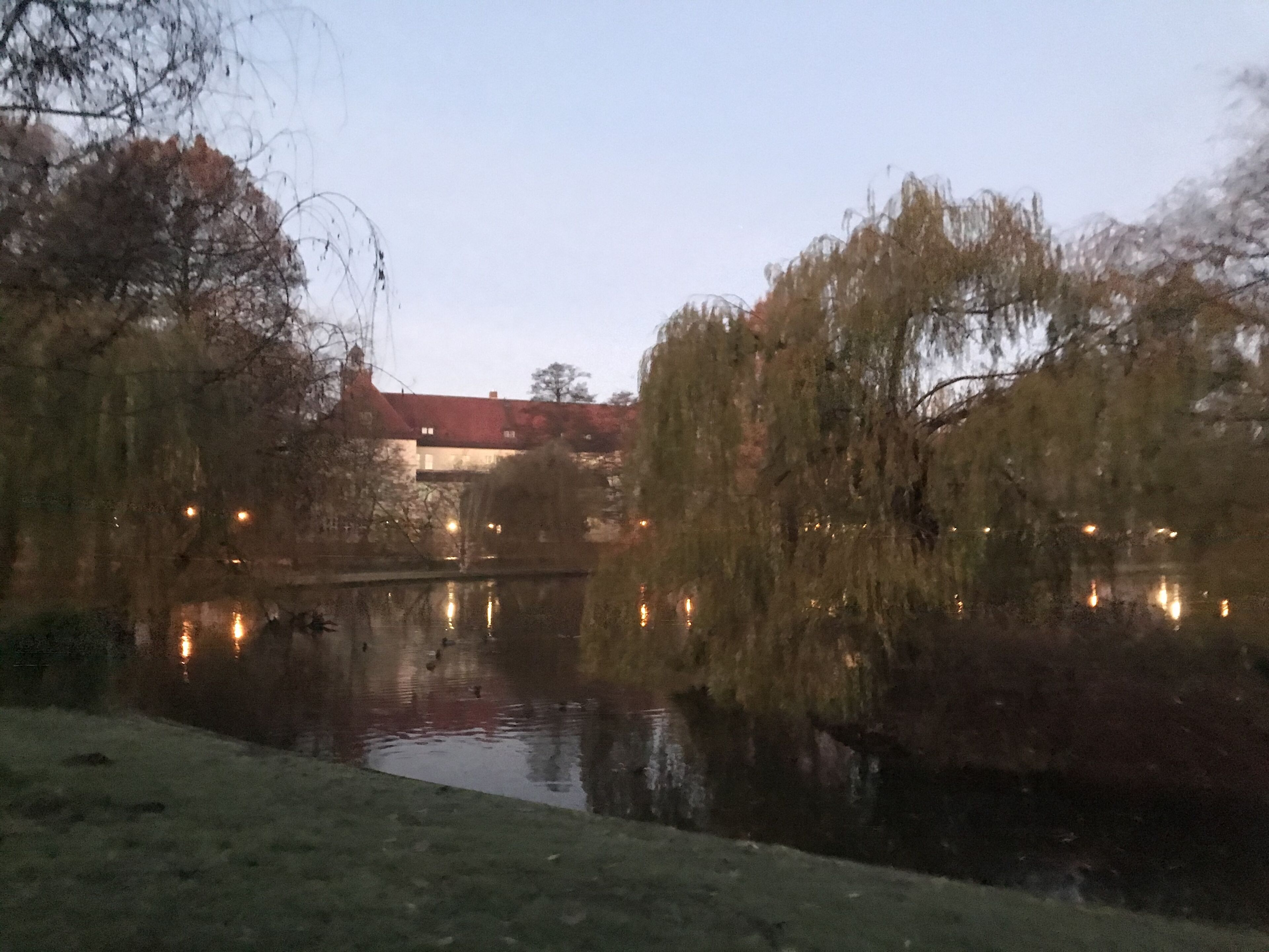 A calm river with reflections of lights, surrounded by trees and a building with a red roof in the background.