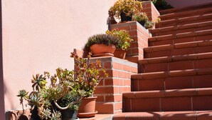 Un escalier en briques rouges, avec des plantes en pot disposées sur les marches.