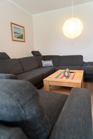 A modern living room with a grey sectional sofa, a wooden coffee table, and a hanging light fixture.