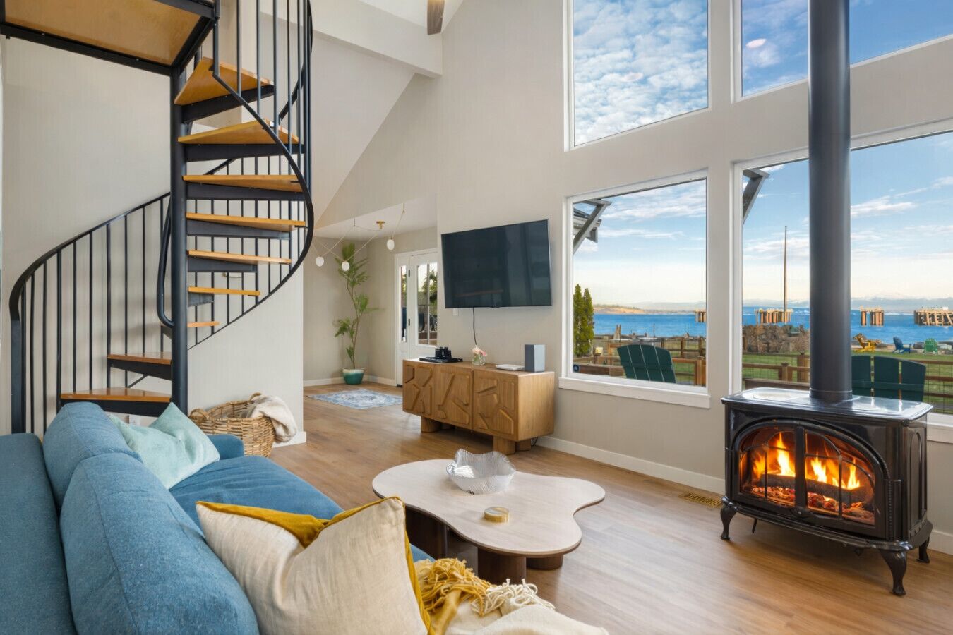 Smart TV, chimenea, reproductor de DVD y libros 