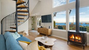 Una Smart TV, una chimenea, un reproductor de DVD, libros