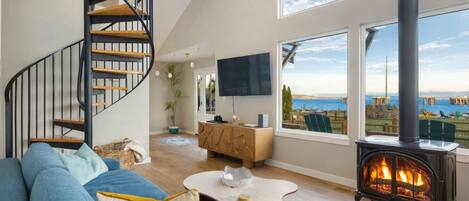 Smart TV, fireplace, DVD player, books