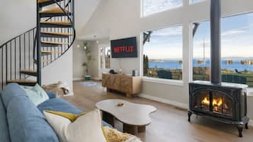 Smart-tv, een open haard, een dvd-speler en boeken