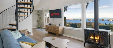 Smart TV, fireplace, DVD player, books