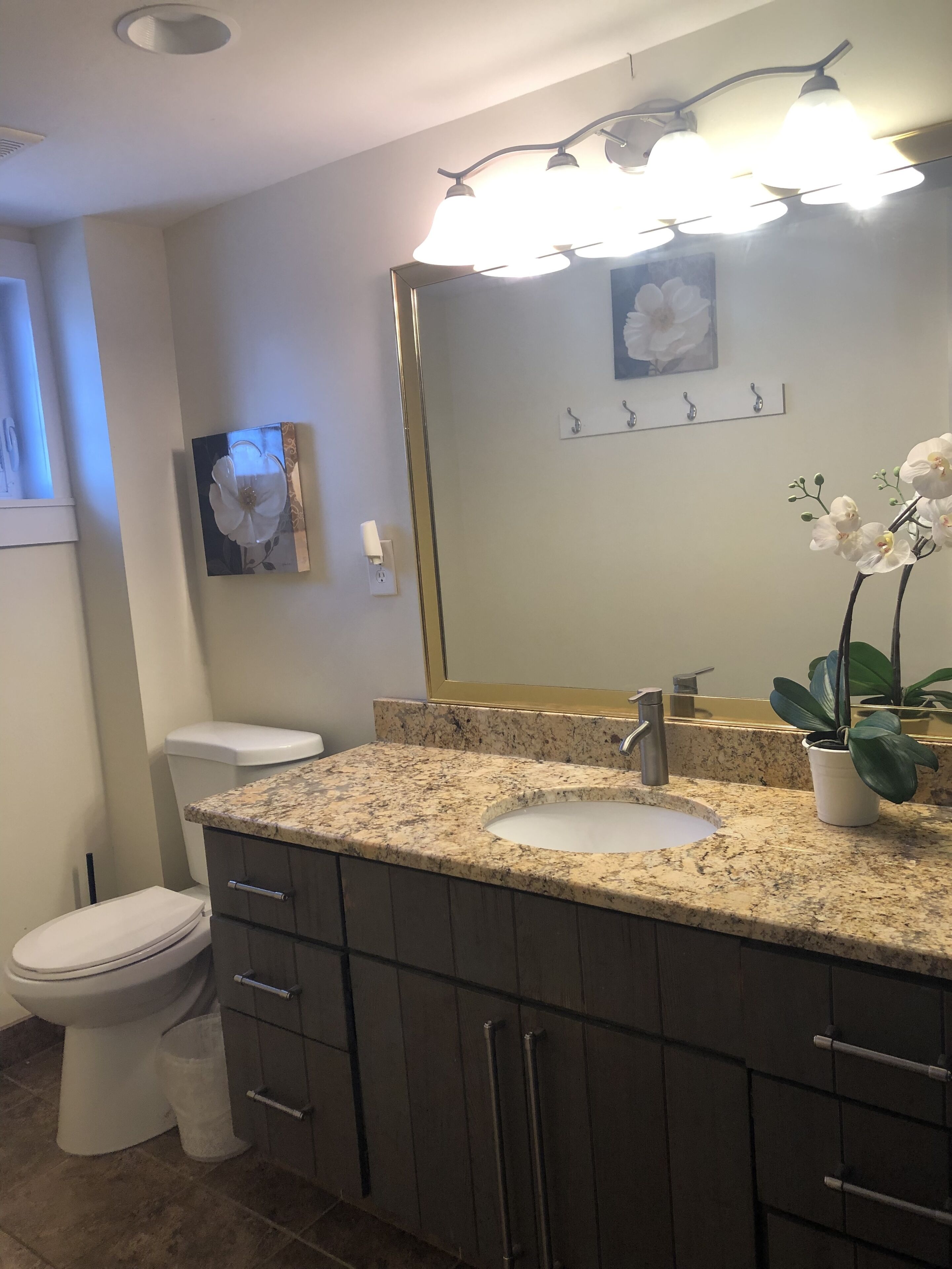 Ein Badezimmer mit Granittischwaschbecken, dunklen Schränken, einer Toilette und einem Spiegel mit Blumenmotiv.