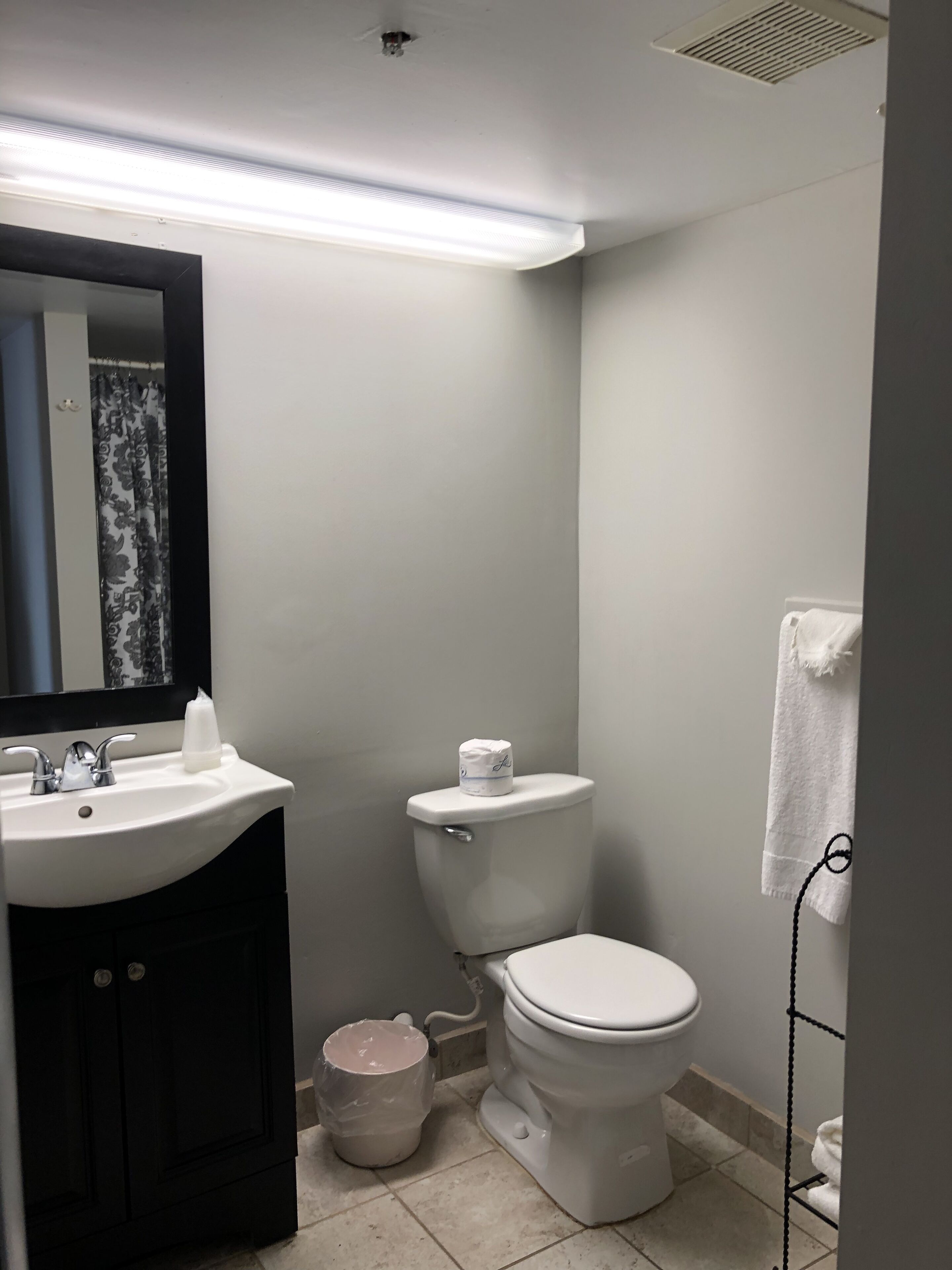 A small bathroom with a sink, toilet, and a mirror.