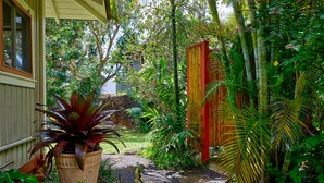Um jardim com diversas plantas, um caminho e uma cerca de bambu.