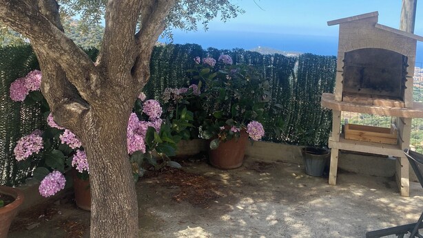 A tree with pink flowers, a wooden bench, and a stone oven in a garden with a view of the sea. - Ground floor apartment, T2 type, sea view. (Santa-Reparata-Di-Balagna)