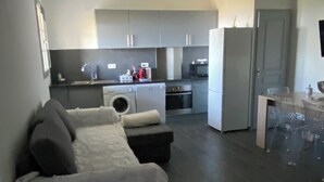 A modern kitchen with grey cabinets, a washing machine, and a dining area with a table and chairs. - Ground floor apartment, T2 type, sea view. (Santa-Reparata-Di-Balagna)