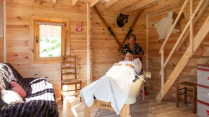 A wooden cabin interior with a bed, a chair, a window, and a staircase.