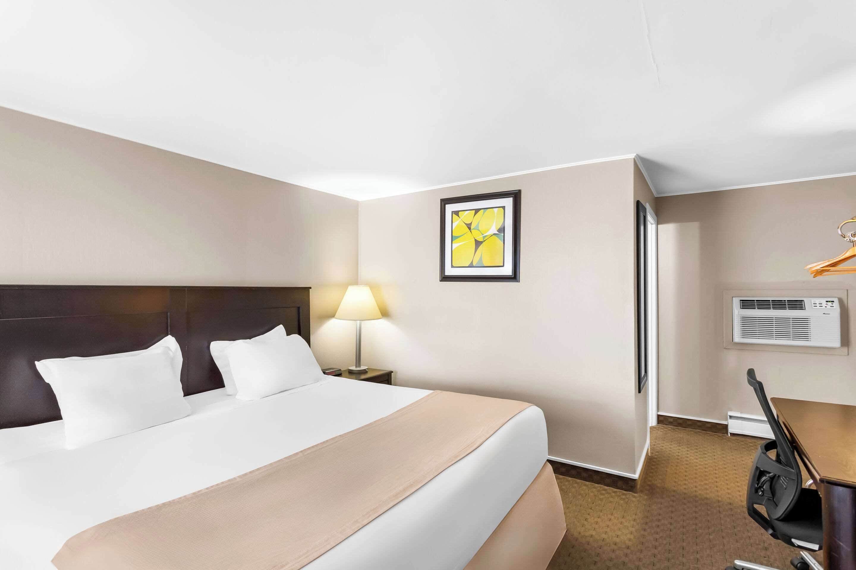 Una habitación de hotel con una cama grande, una lámpara de noche, una obra de arte enmarcada en la pared, un equipo de aire acondicionado y un escritorio con una silla.