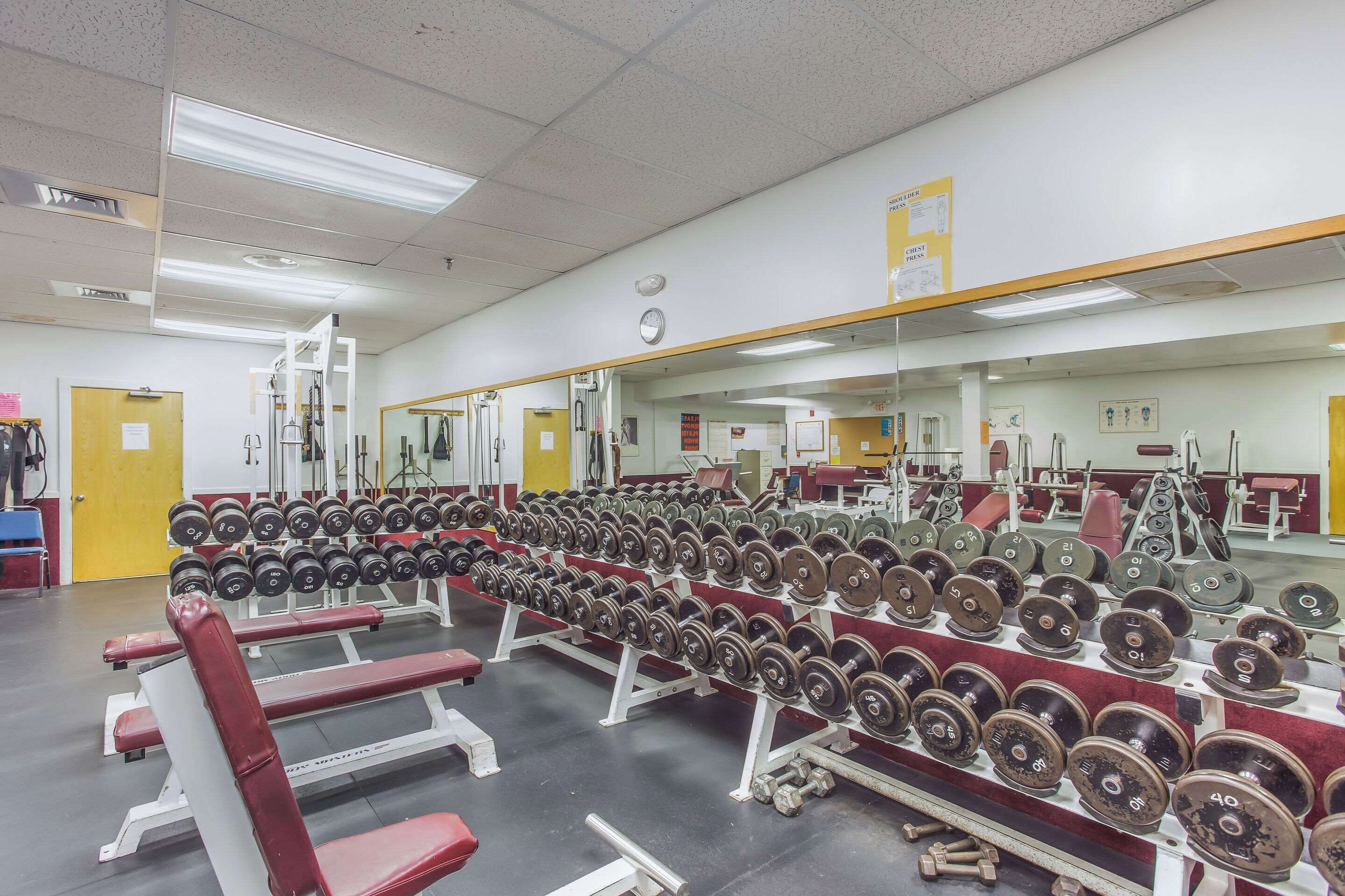 Uma academia com equipamentos de musculação e bancos.