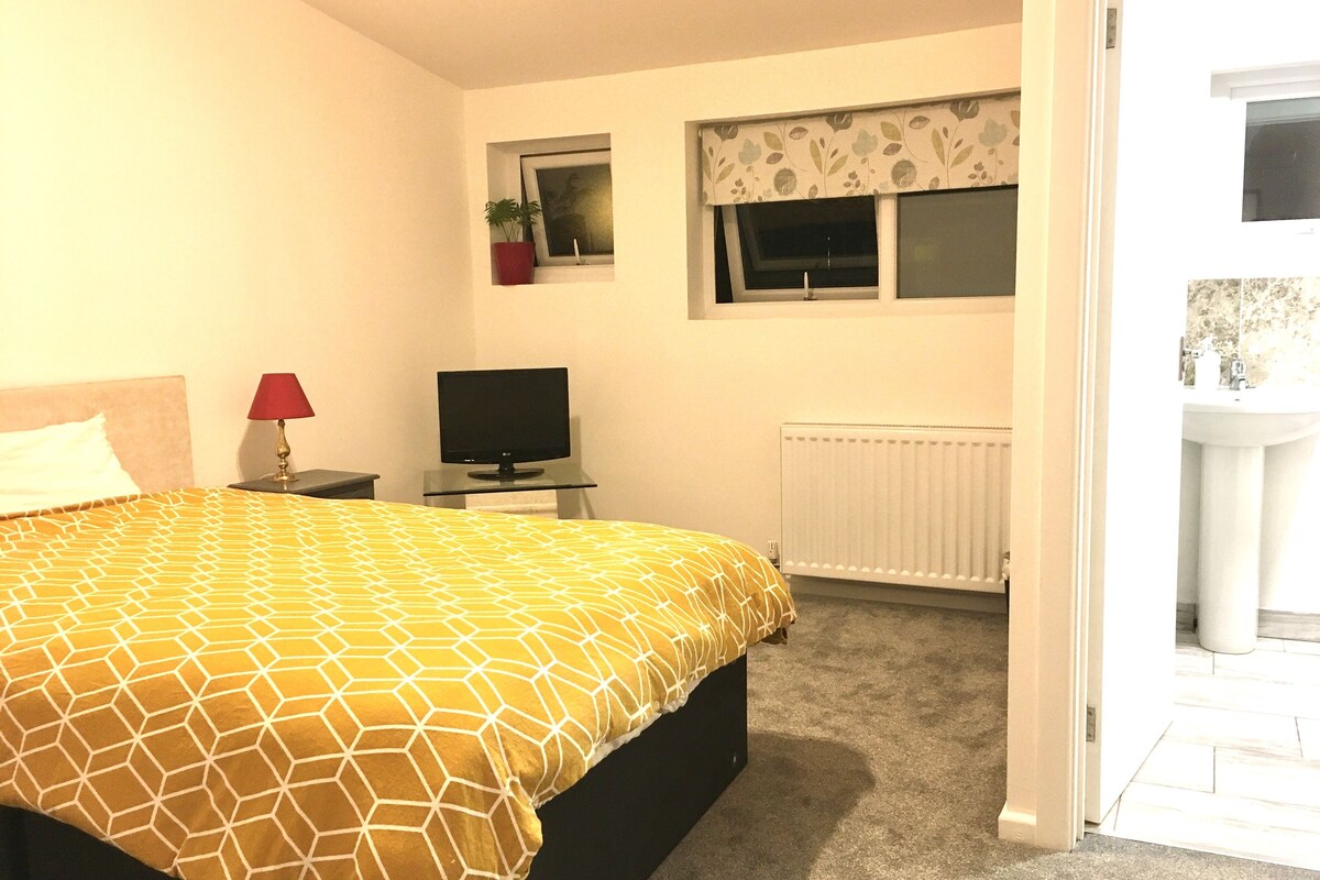 A bedroom with a bed, a TV, a window, a radiator, and a bathroom visible through an open door.