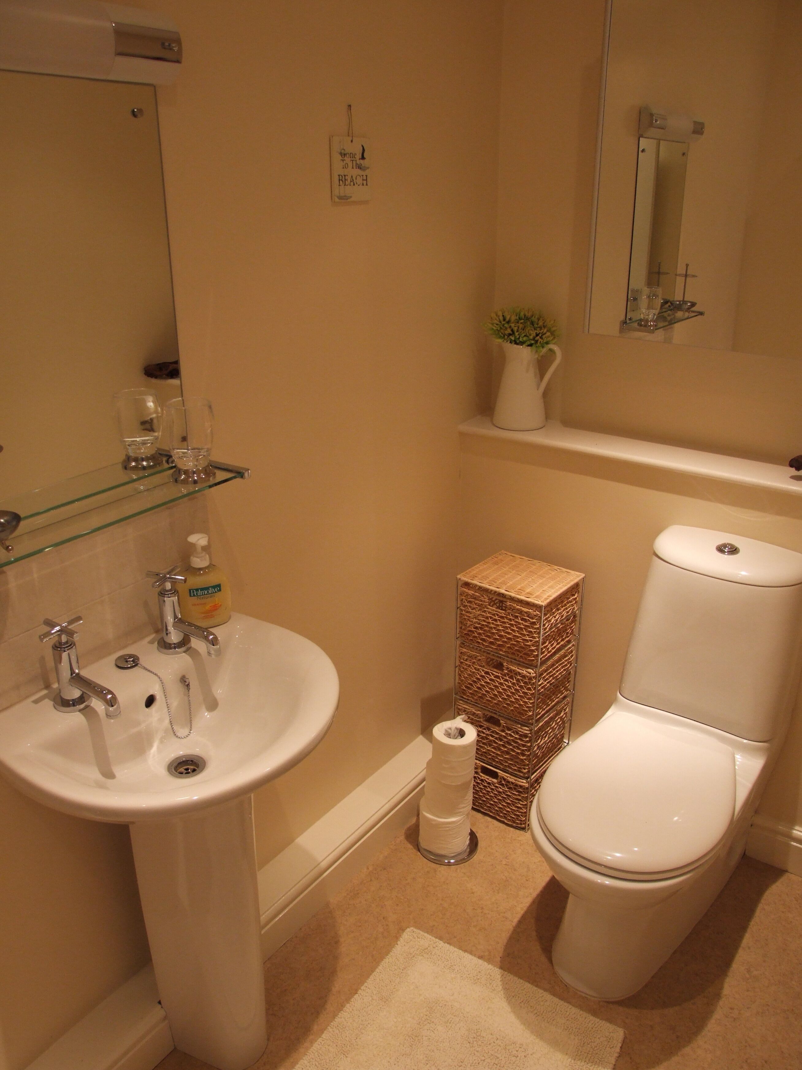 Une salle de bain avec un lavabo, deux robinets, un miroir, des toilettes, une petite étagère avec une plante et un rouleau de papier toilette.