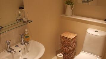 Une salle de bain avec un lavabo, deux robinets, un miroir, des toilettes, une petite étagère avec une plante et un rouleau de papier toilette.