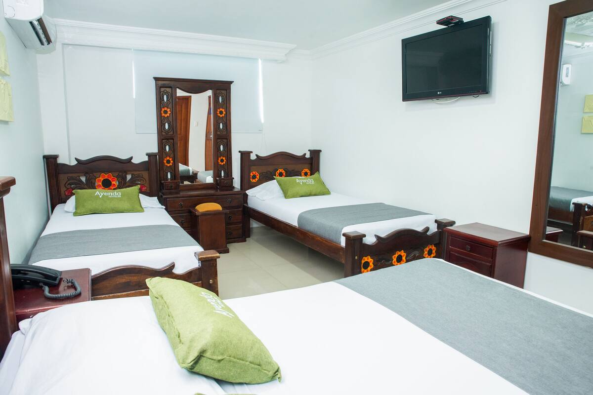 Une chambre d’hôtel avec deux lits simples, une commode en bois, un miroir et un téléviseur.