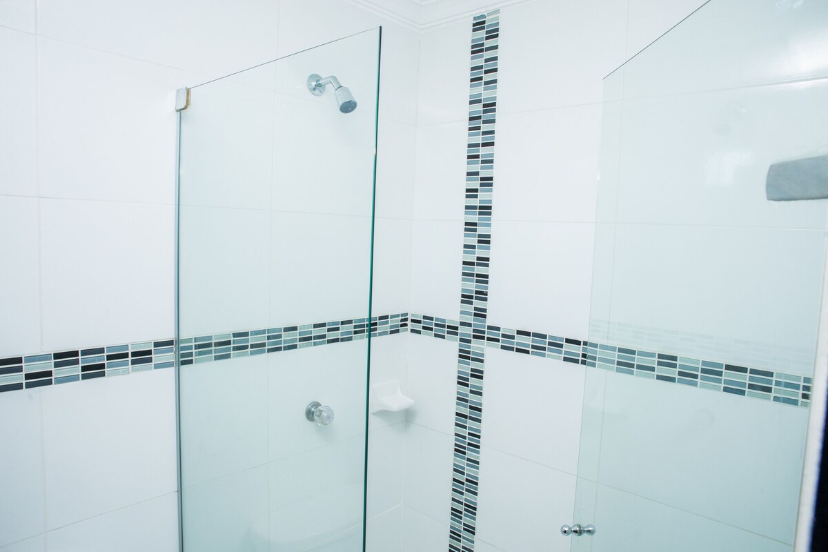 A glass-enclosed shower with a tiled floor and a vertical strip of blue and black tiles.