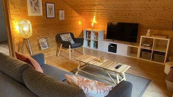 Télévision, cheminée, livres