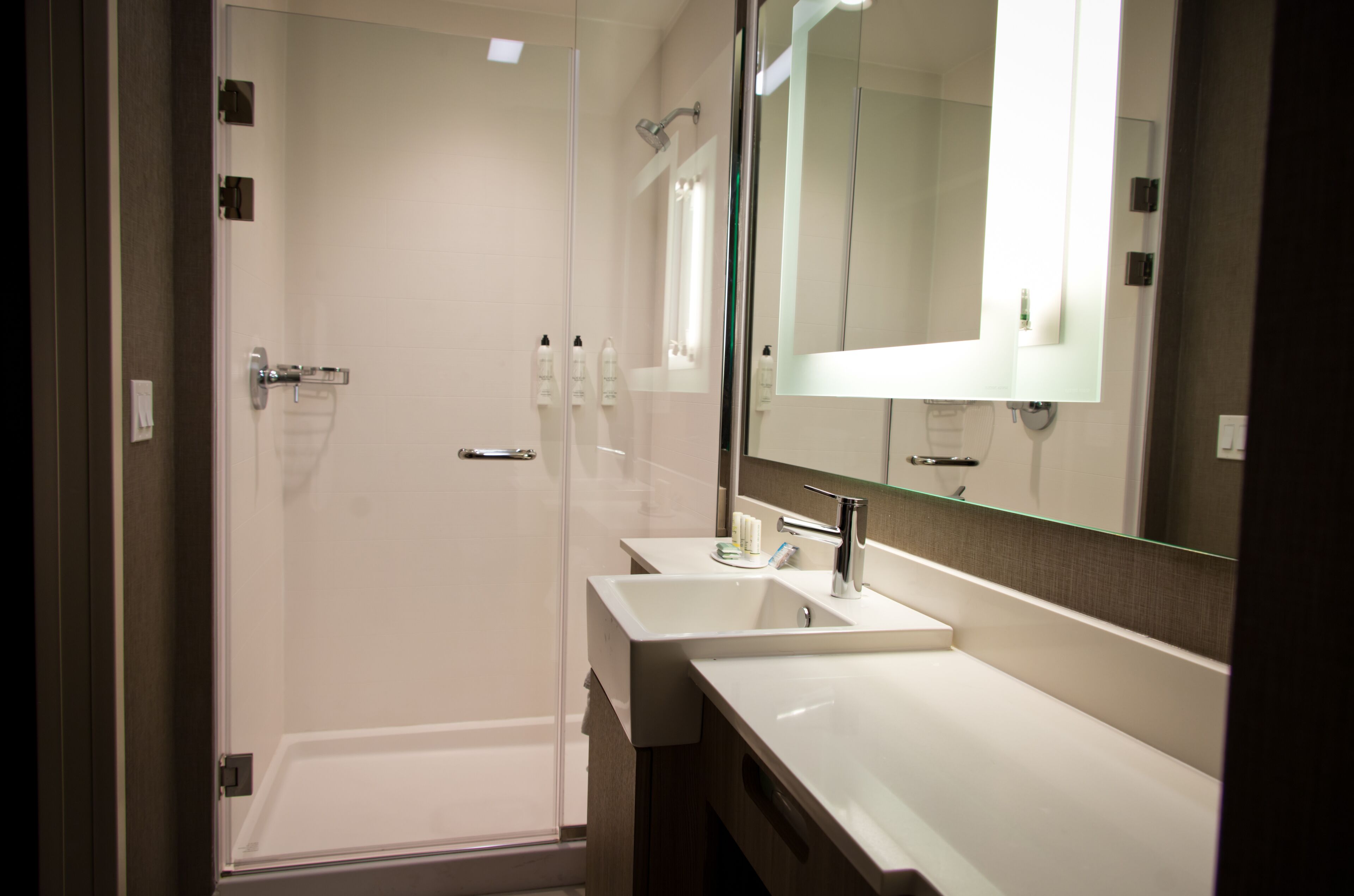A modern bathroom with a glass-enclosed shower, a large mirror, and two sinks.