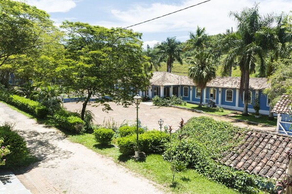 Entorno rural con un edificio azul, rodeado de exuberante follaje y palmeras.