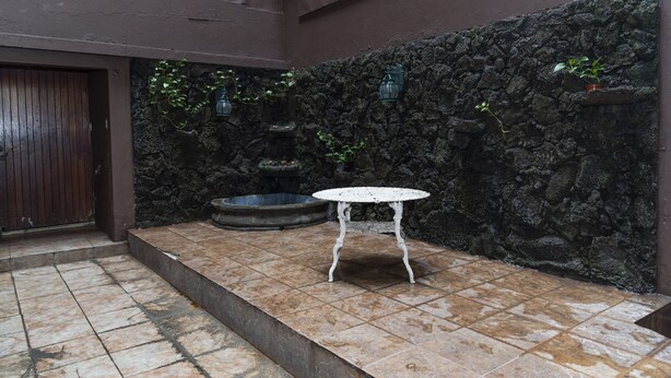 Un muro de piedra con una pequeña fuente y plantas en macetas.