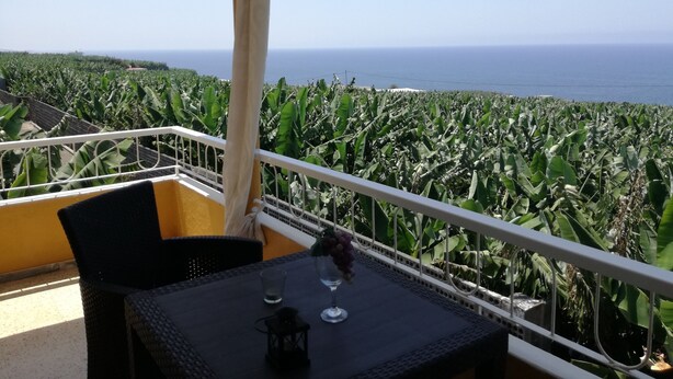 A balcony with a table and chairs, overlooking a banana plantation and the sea. - Casa Banana - Holiday home on the coast with views (Tazacorte)